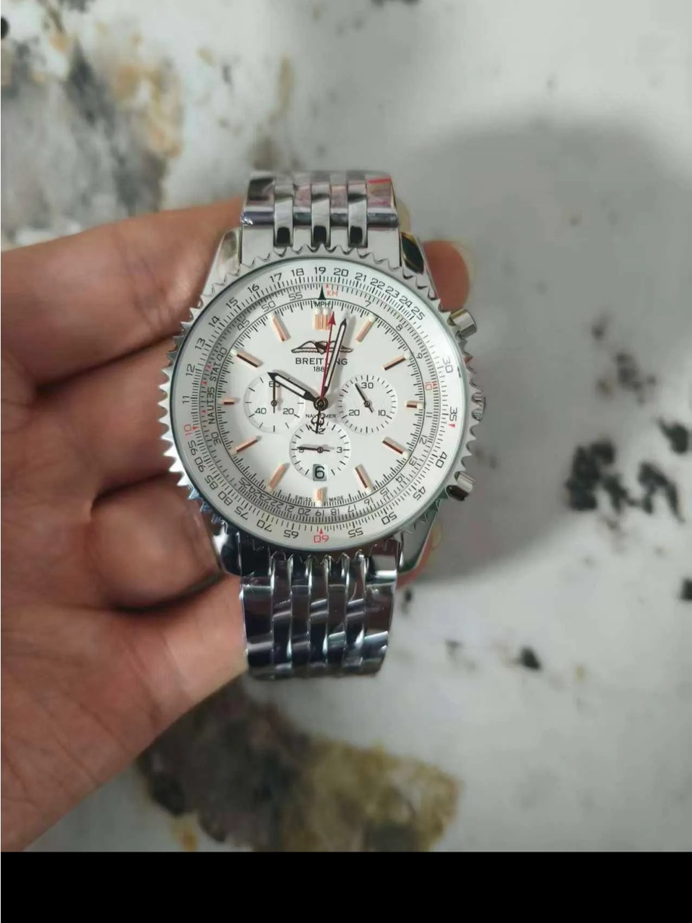 Clone Breitling Black Dial Silver Chronograph Watch with Black Leather Strap